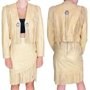 VINTAGE CONTINENTAL LEATHER SOUTHWEST BOLERO FRINGE CONCHO LAMB JACKET SKIRT SET